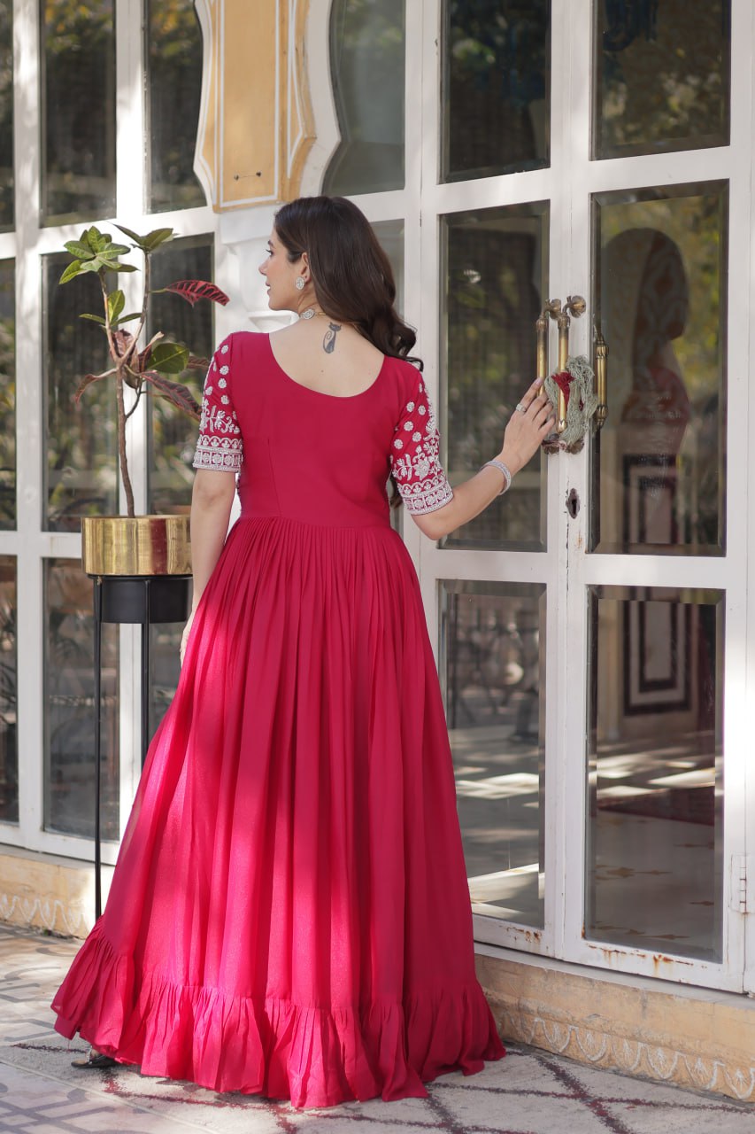 Star Georgette with Embroidery Beads Sequins-work Red Color