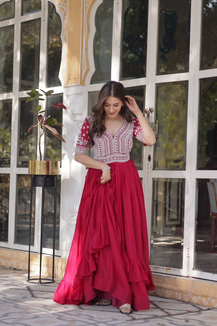 Star Georgette with Embroidery Beads Sequins-work Red Color