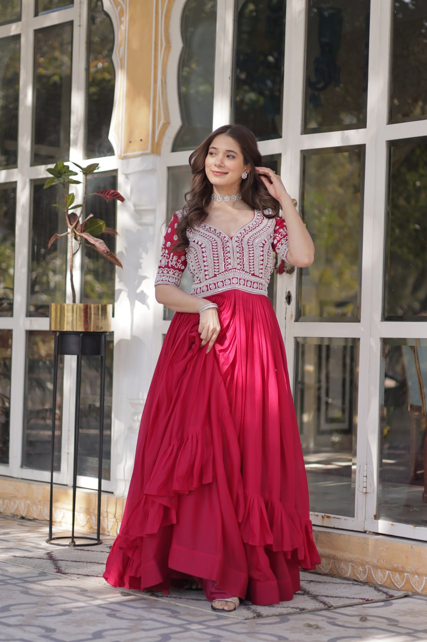 Star Georgette with Embroidery Beads Sequins-work Red Color