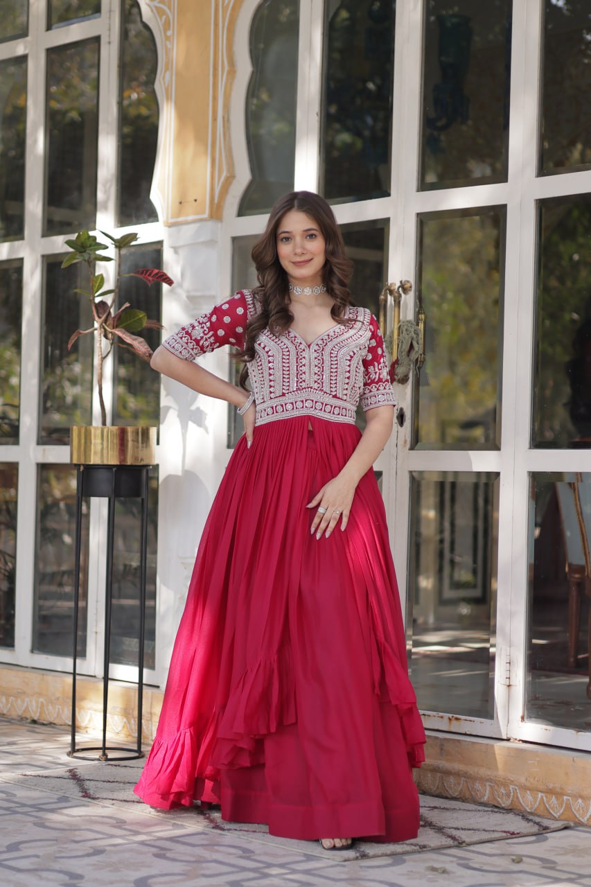 Star Georgette with Embroidery Beads Sequins-work Red Color