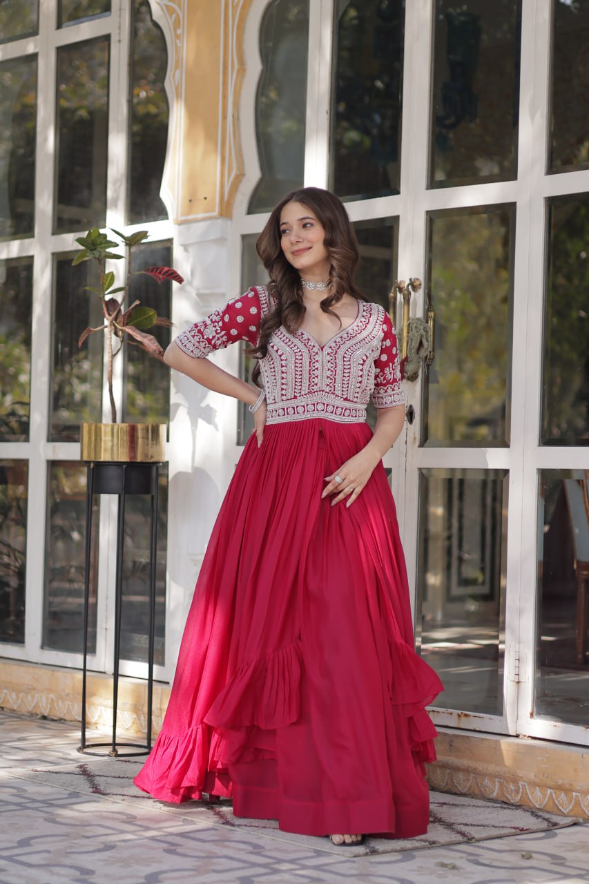 Star Georgette with Embroidery Beads Sequins-work Red Color