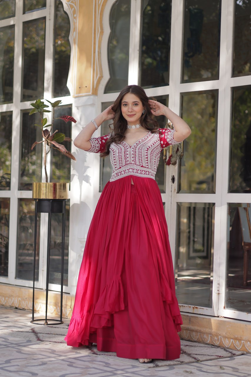 Star Georgette with Embroidery Beads Sequins-work Red Color