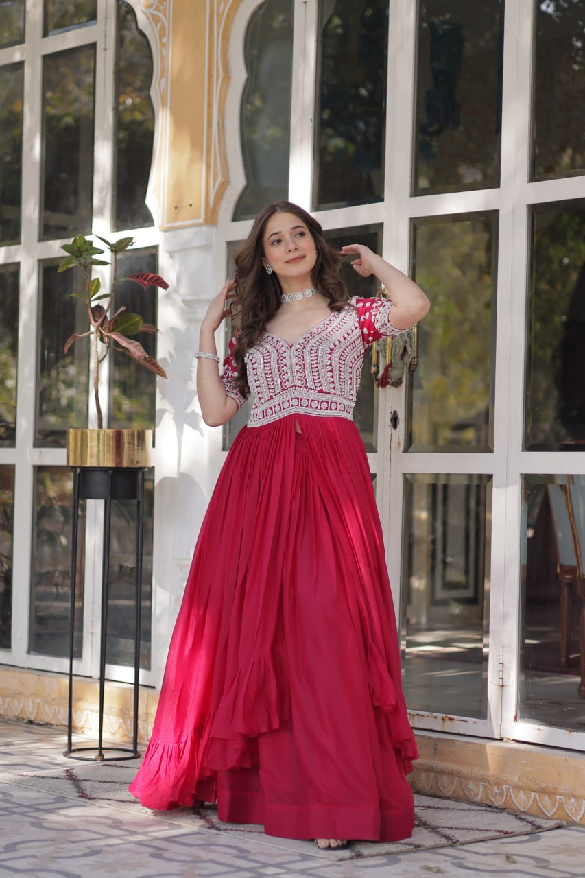 Star Georgette with Embroidery Beads Sequins-work Red Color