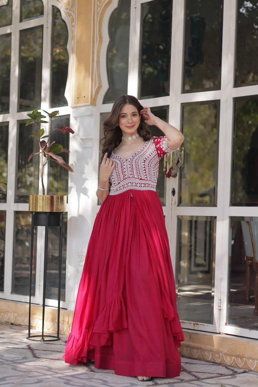 Star Georgette with Embroidery Beads Sequins-work Red Color