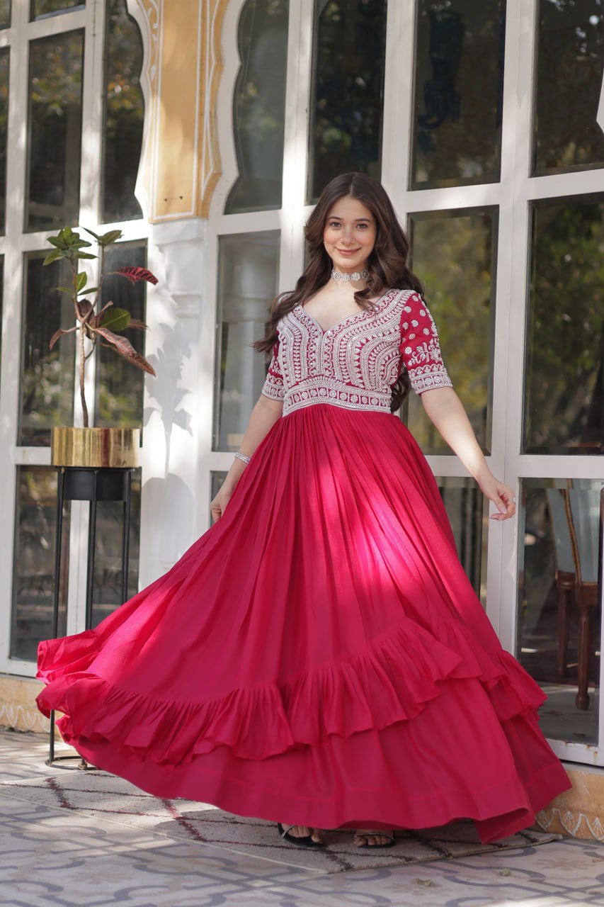 Star Georgette with Embroidery Beads Sequins-work Red Color