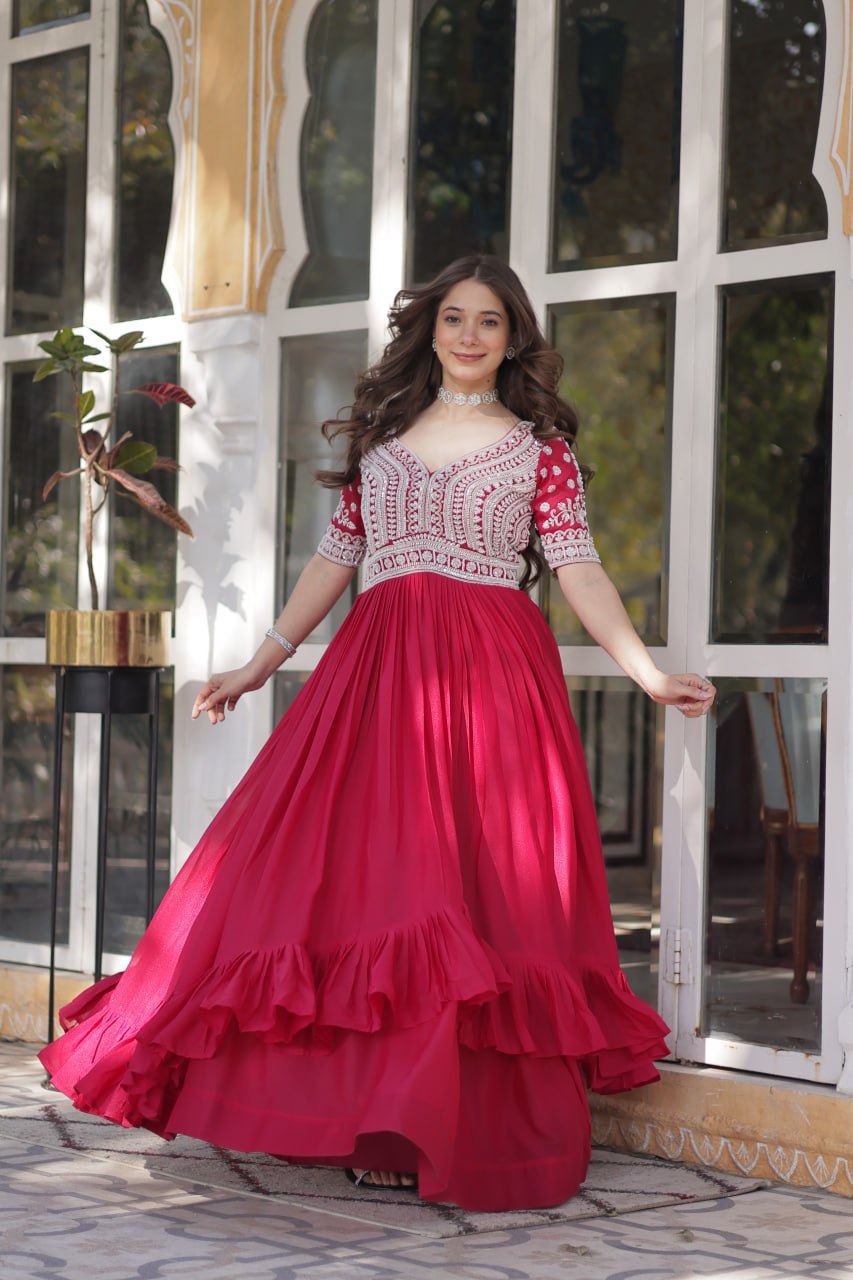 Star Georgette with Embroidery Beads Sequins-work Red Color