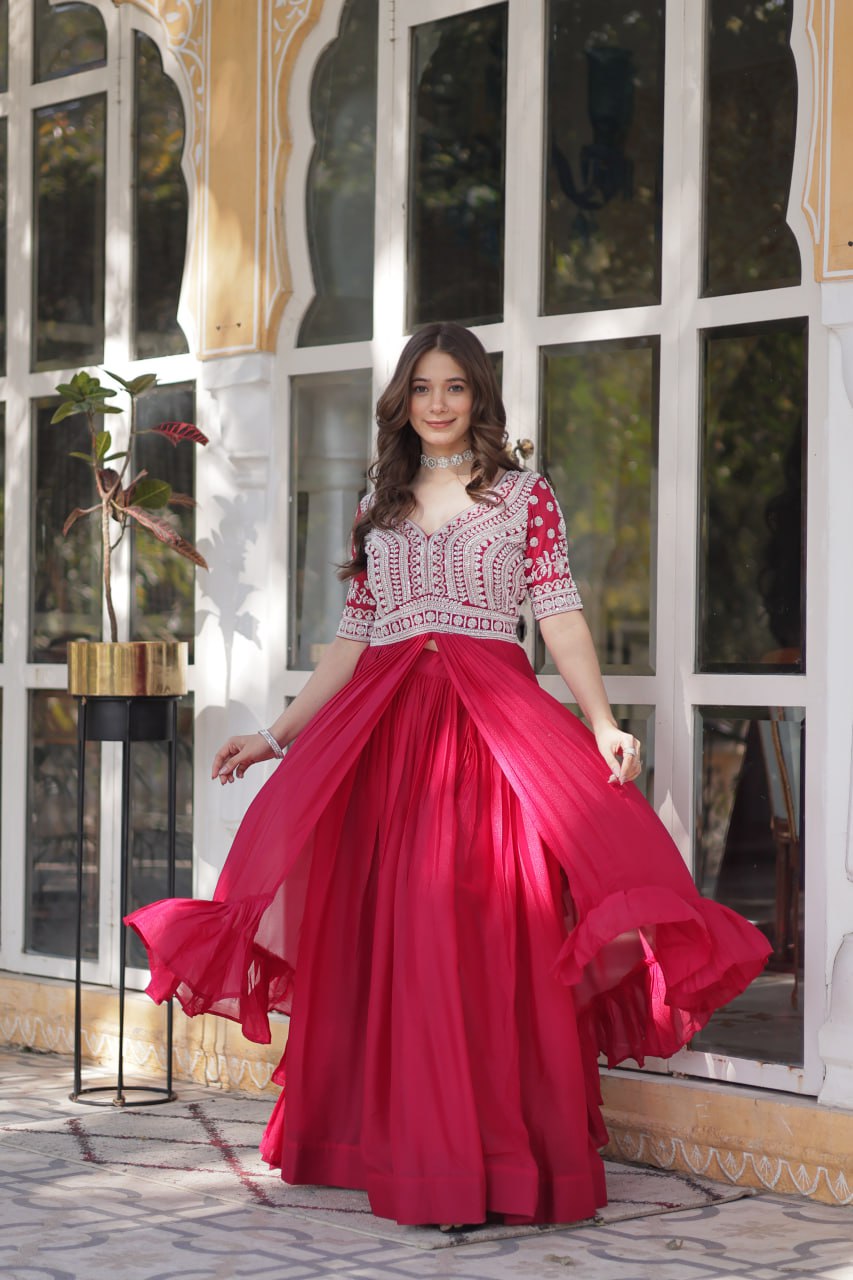 Star Georgette with Embroidery Beads Sequins-work Red Color
