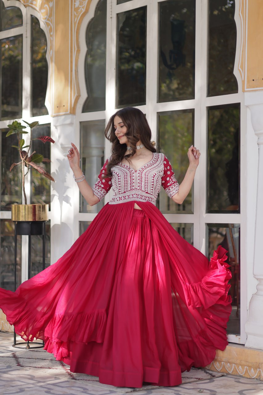 Star Georgette with Embroidery Beads Sequins-work Red Color