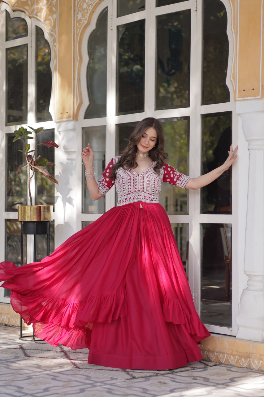 Star Georgette with Embroidery Beads Sequins-work Red Color