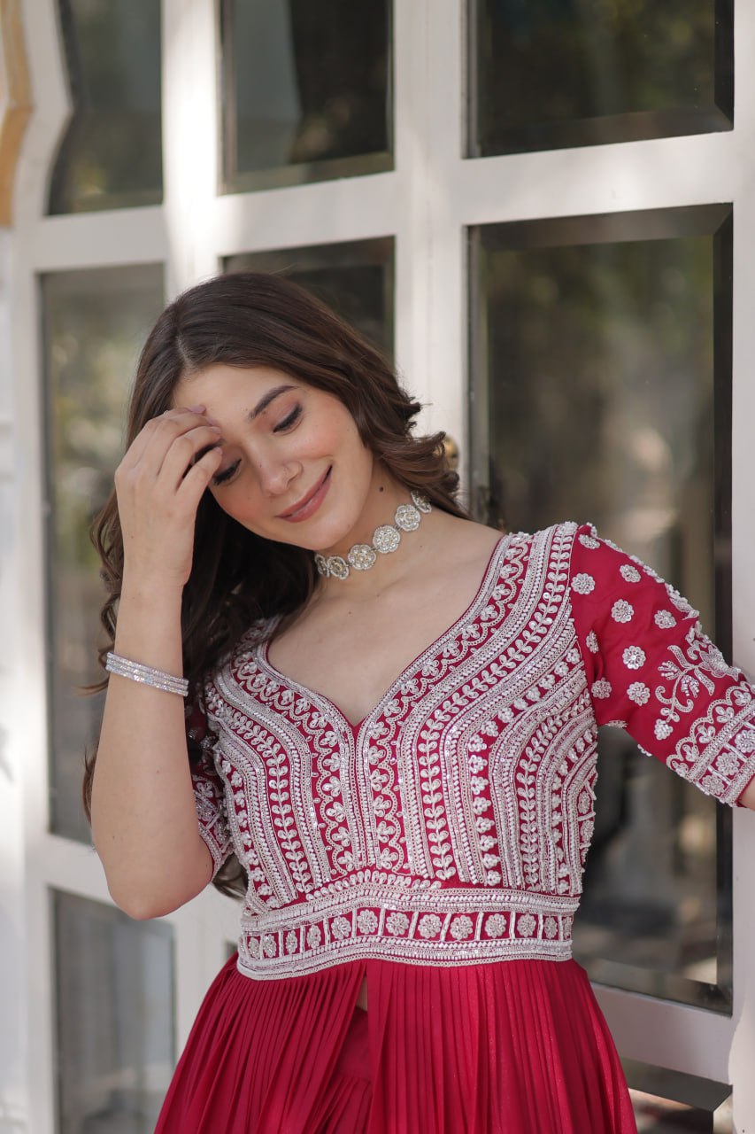 Star Georgette with Embroidery Beads Sequins-work Red Color