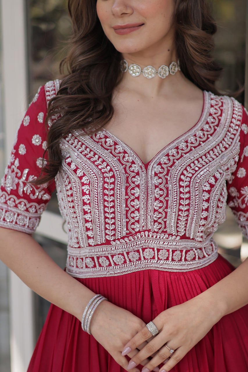 Star Georgette with Embroidery Beads Sequins-work Red Color