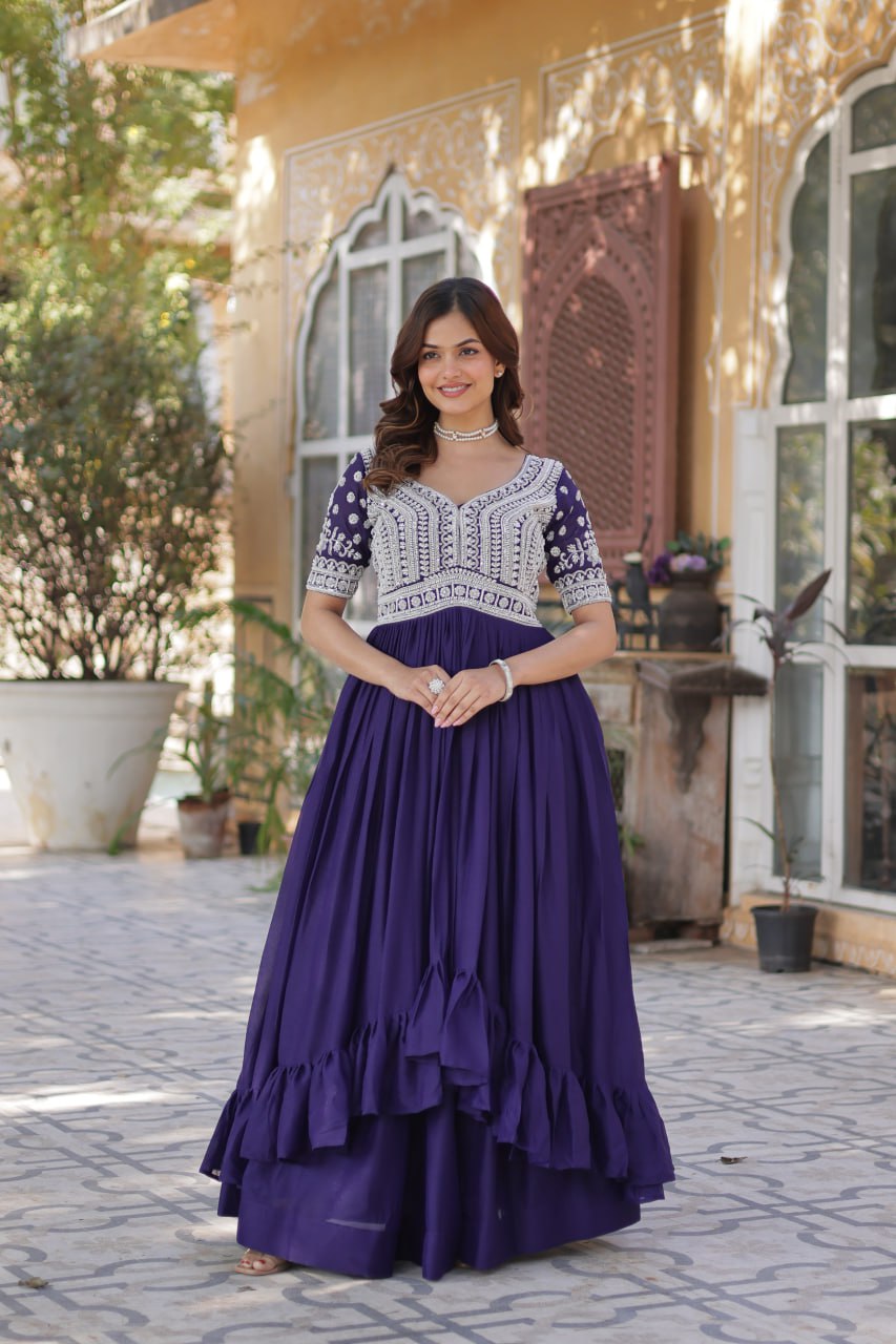 Star Georgette with Embroidery Beads Sequins-work Dark Blue Color