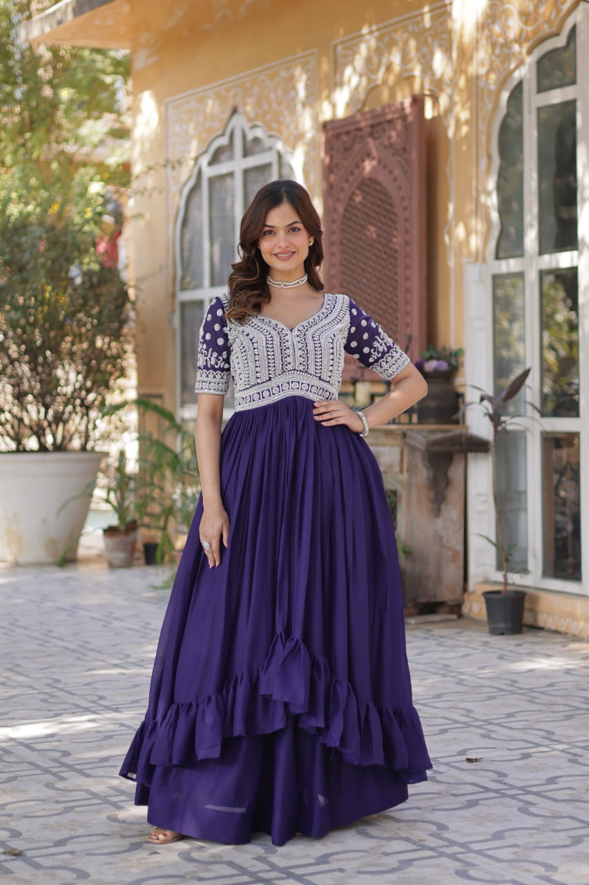 Star Georgette with Embroidery Beads Sequins-work Dark Blue Color