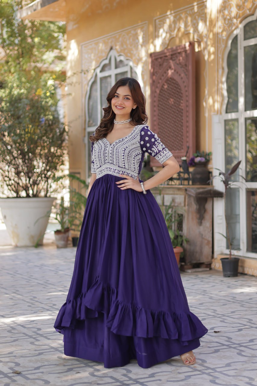 Star Georgette with Embroidery Beads Sequins-work Dark Blue Color
