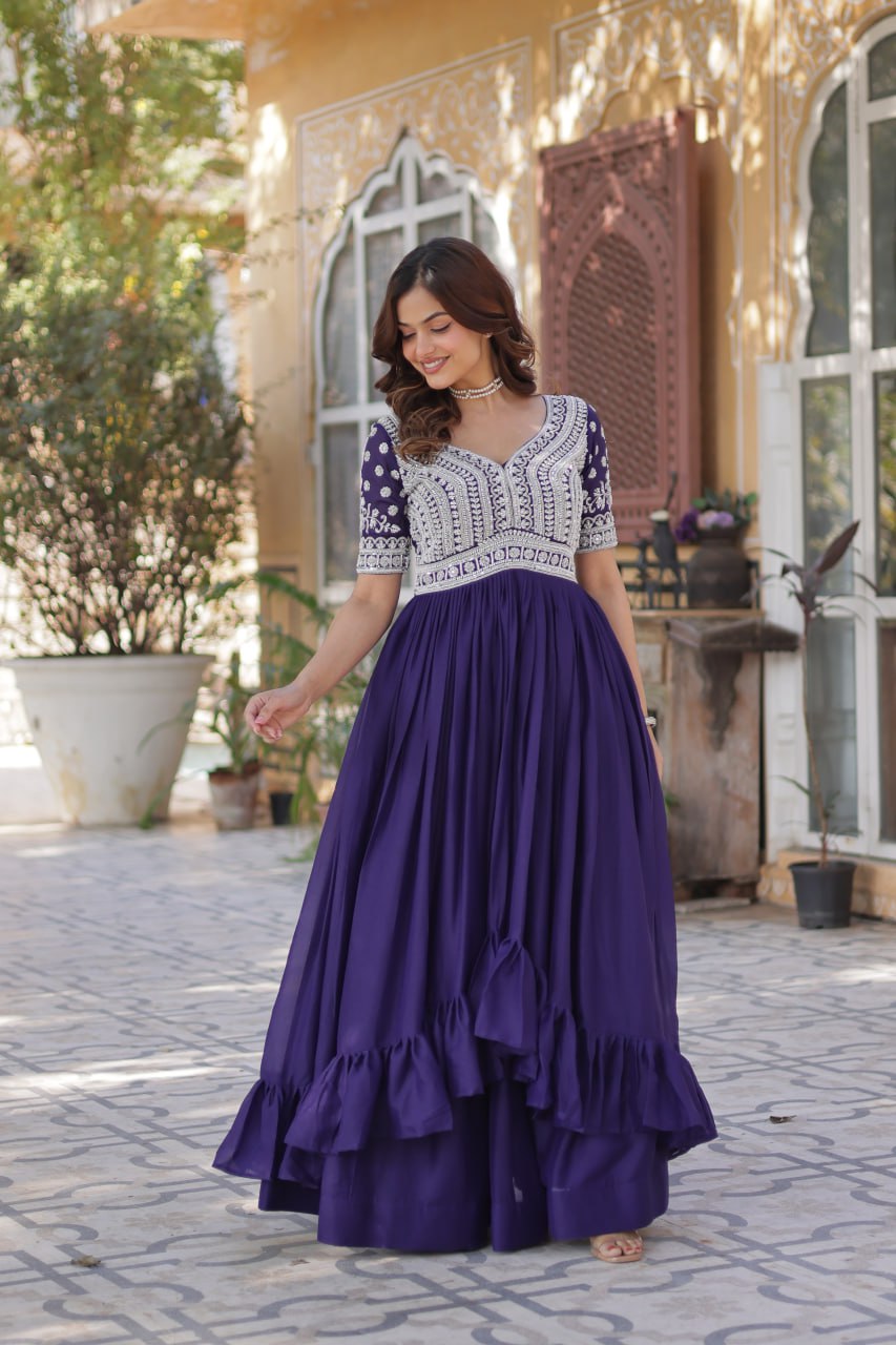 Star Georgette with Embroidery Beads Sequins-work Dark Blue Color