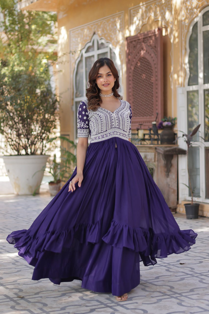 Star Georgette with Embroidery Beads Sequins-work Dark Blue Color