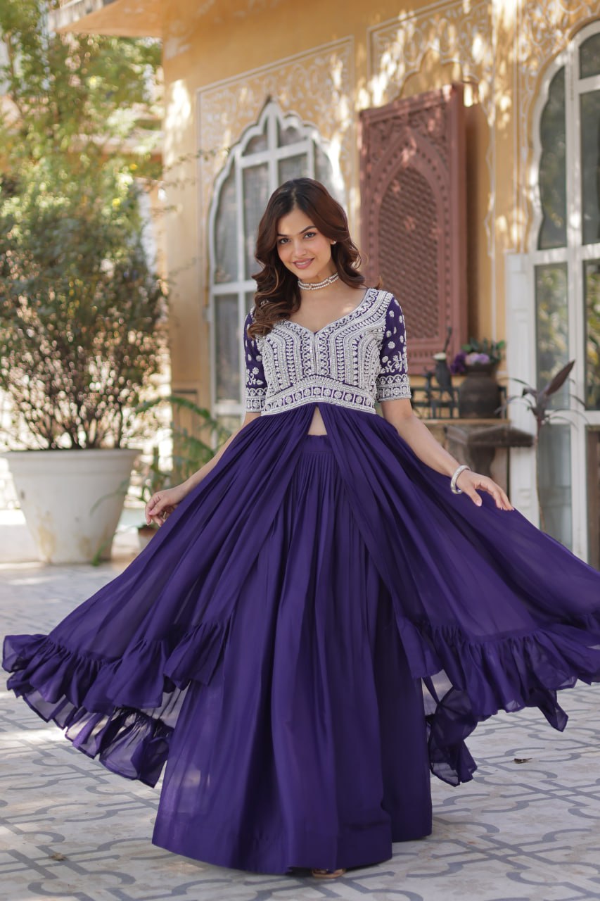 Star Georgette with Embroidery Beads Sequins-work Dark Blue Color