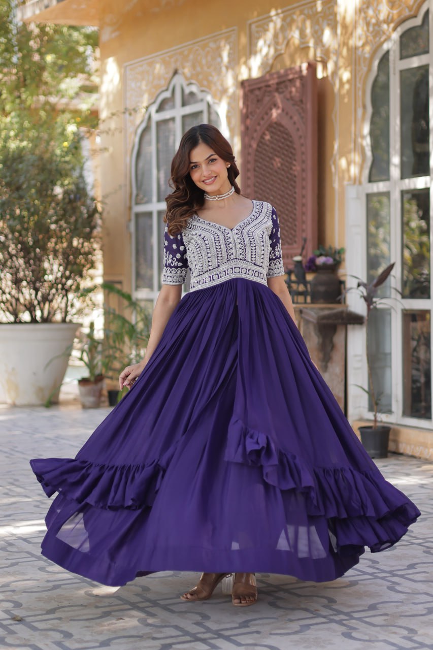 Star Georgette with Embroidery Beads Sequins-work Dark Blue Color