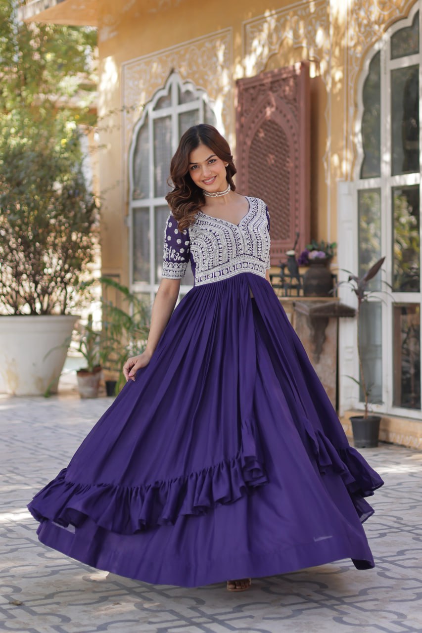 Star Georgette with Embroidery Beads Sequins-work Dark Blue Color