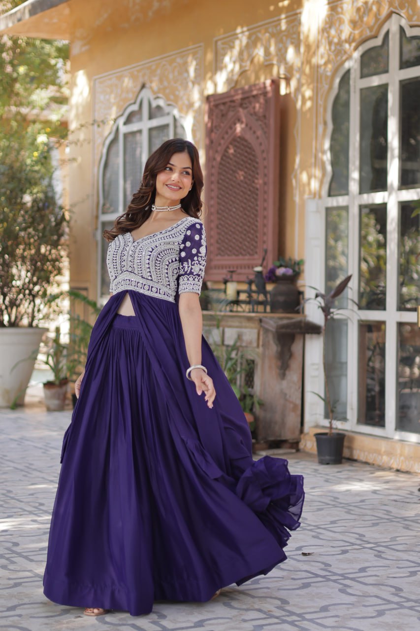 Star Georgette with Embroidery Beads Sequins-work Dark Blue Color