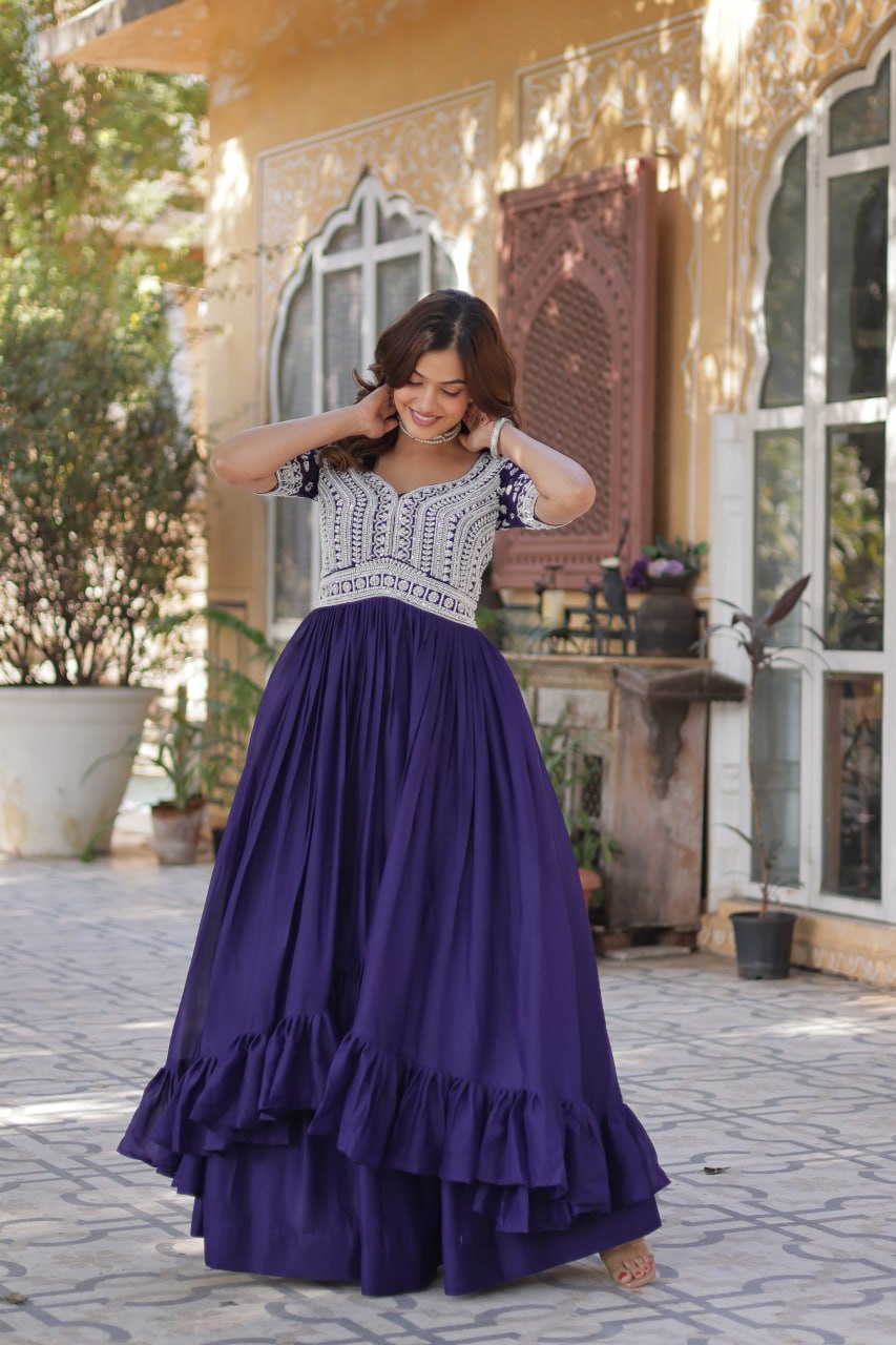 Star Georgette with Embroidery Beads Sequins-work Dark Blue Color