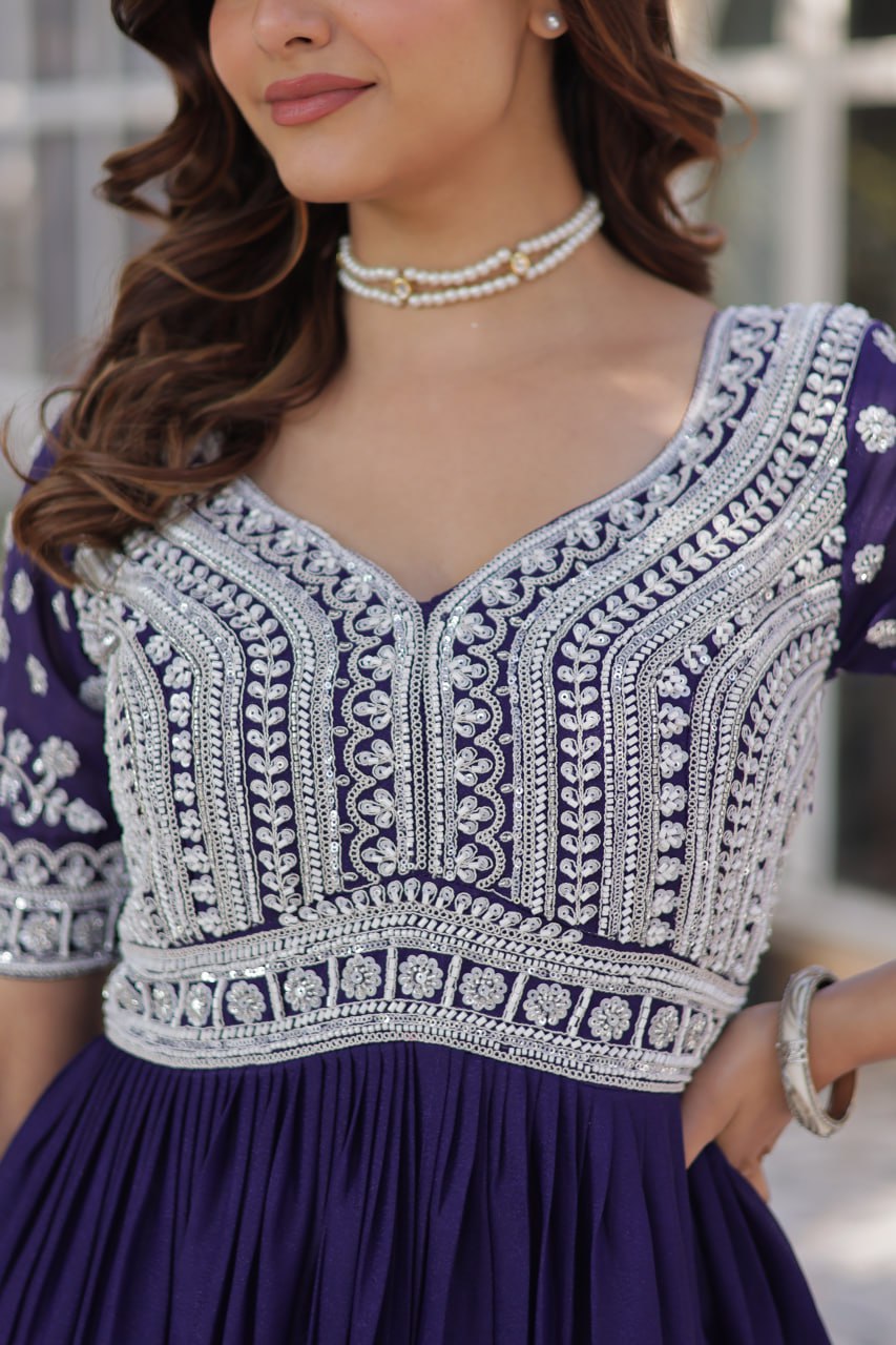 Star Georgette with Embroidery Beads Sequins-work Dark Blue Color
