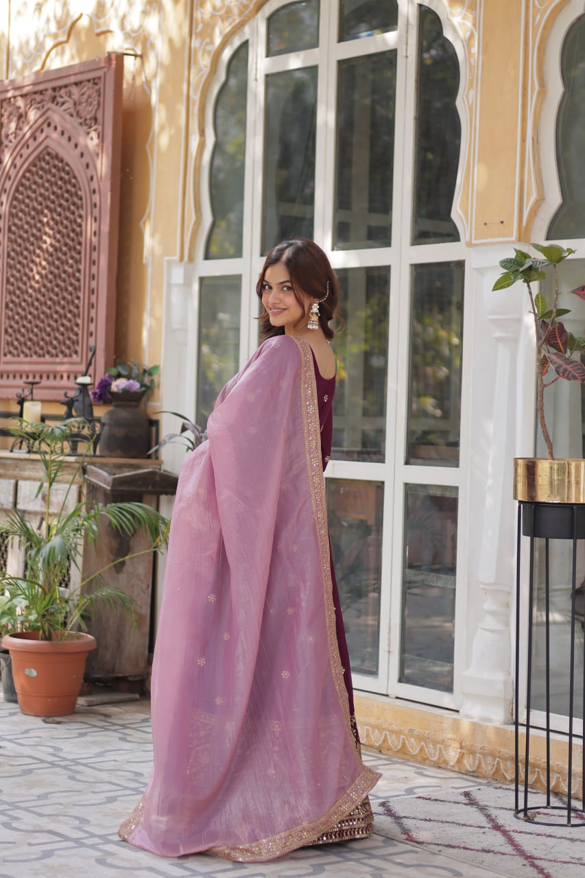 star georgette with embroidery zari sequins-work maroon colors