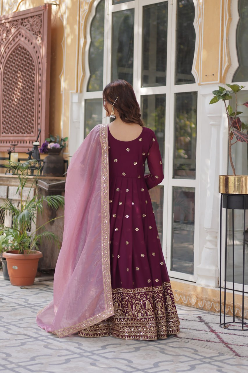 star georgette with embroidery zari sequins-work maroon colors