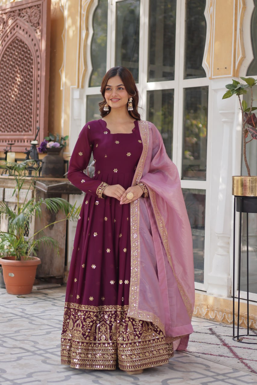 star georgette with embroidery zari sequins-work maroon colors