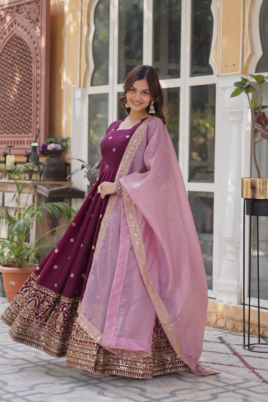 star georgette with embroidery zari sequins-work maroon colors