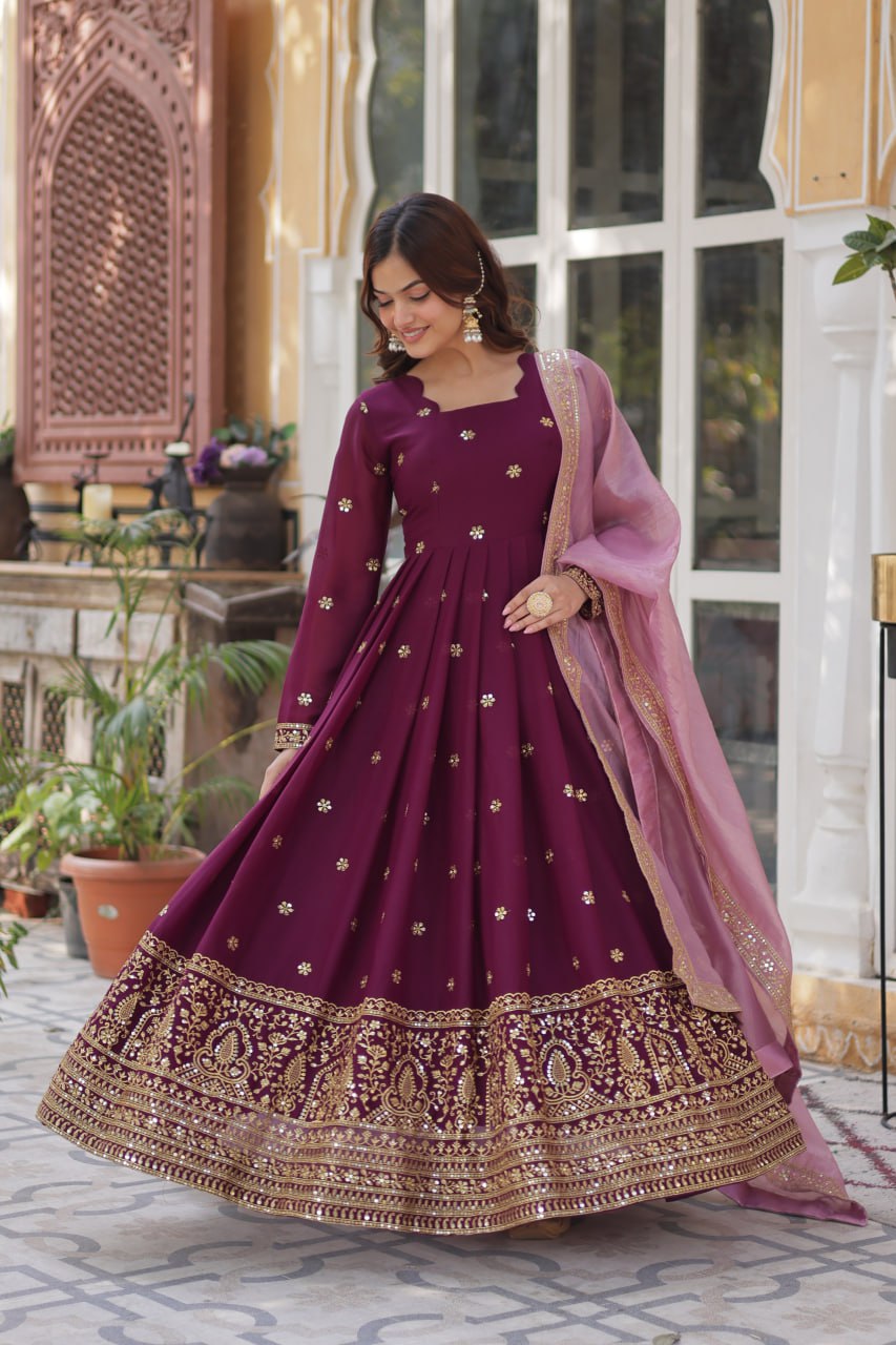 star georgette with embroidery zari sequins-work maroon colors