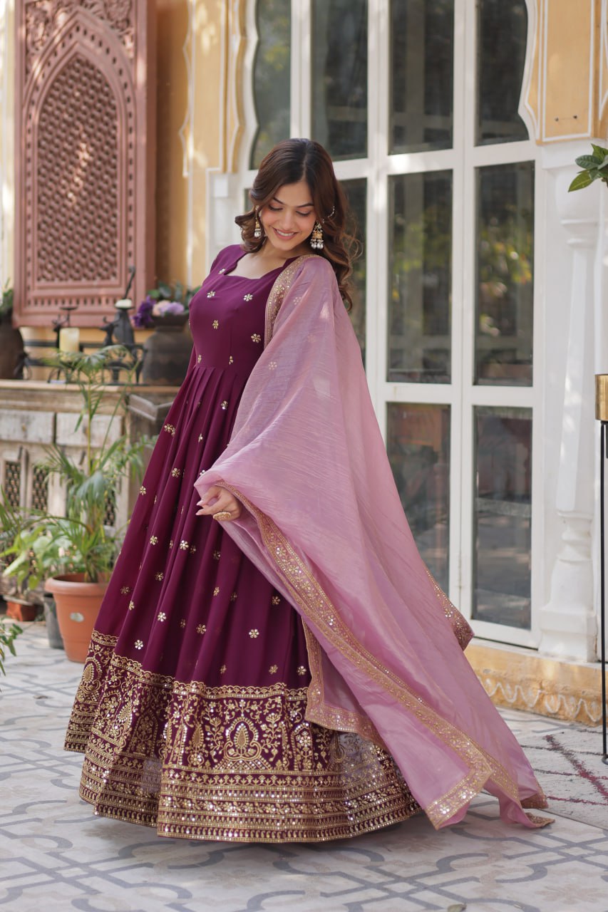 star georgette with embroidery zari sequins-work maroon colors