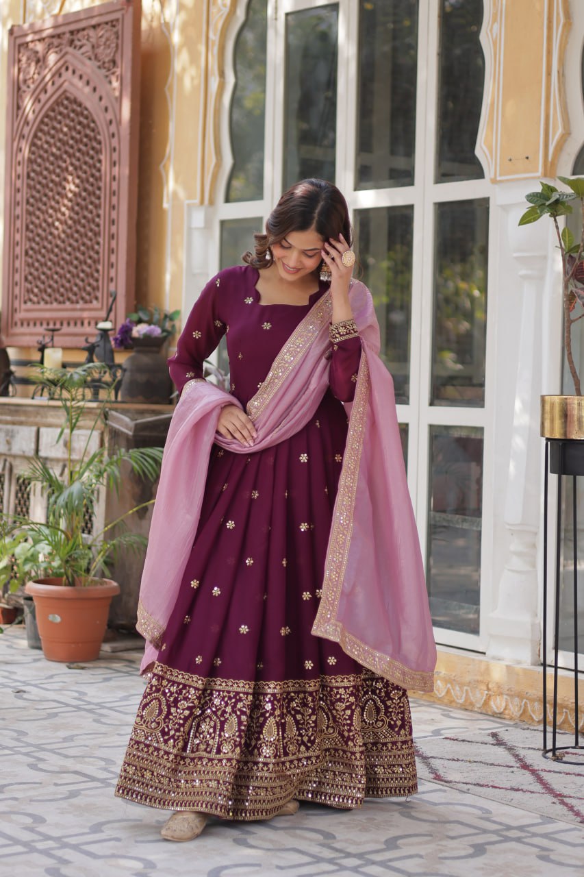 star georgette with embroidery zari sequins-work maroon colors