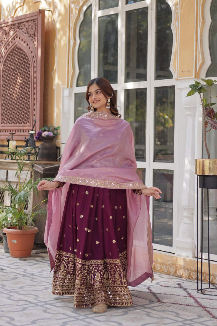 star georgette with embroidery zari sequins-work maroon colors