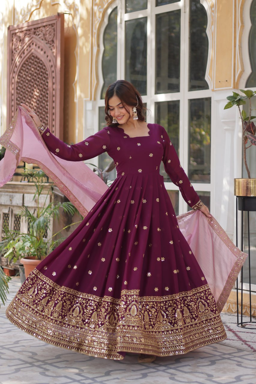 star georgette with embroidery zari sequins-work maroon colors