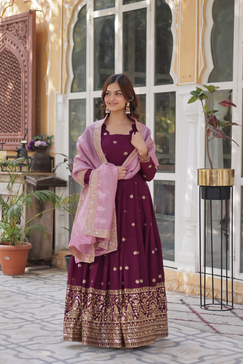 star georgette with embroidery zari sequins-work maroon colors