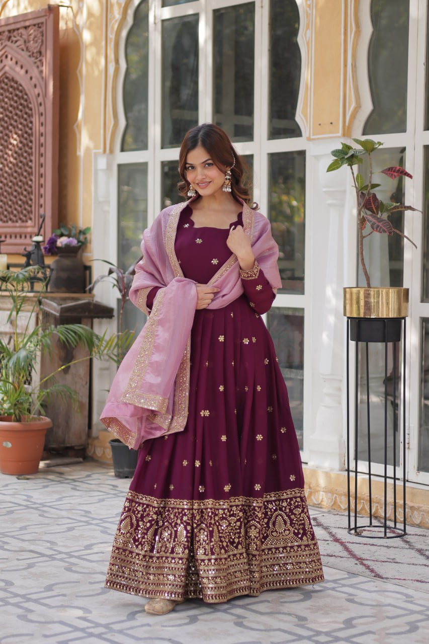 star georgette with embroidery zari sequins-work maroon colors