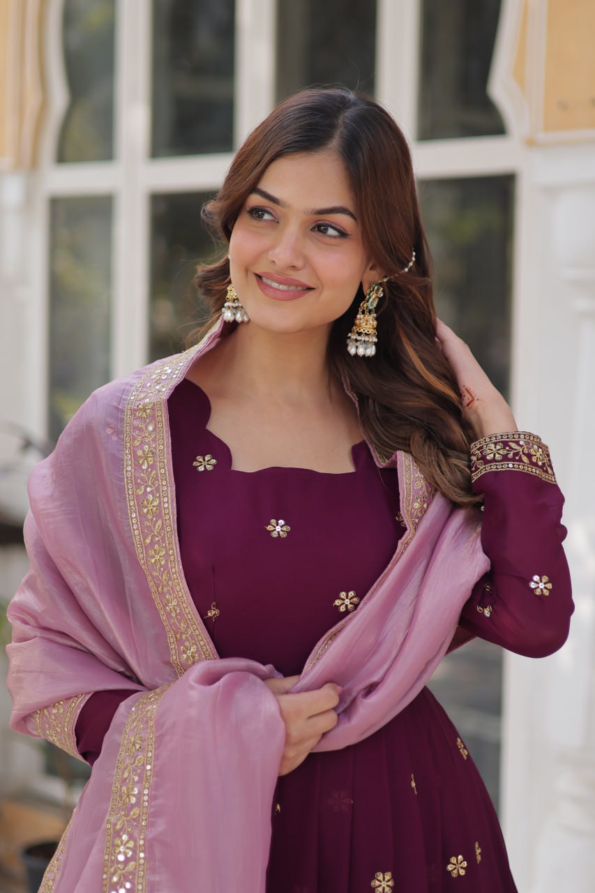 star georgette with embroidery zari sequins-work maroon colors
