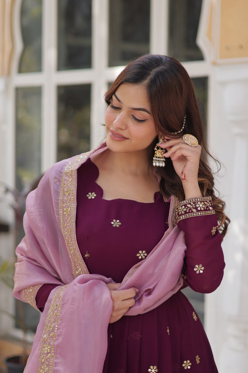 star georgette with embroidery zari sequins-work maroon colors