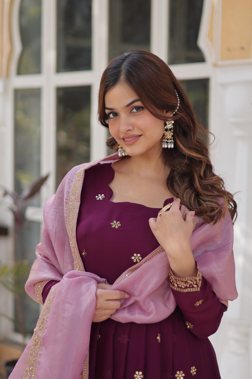 star georgette with embroidery zari sequins-work maroon colors