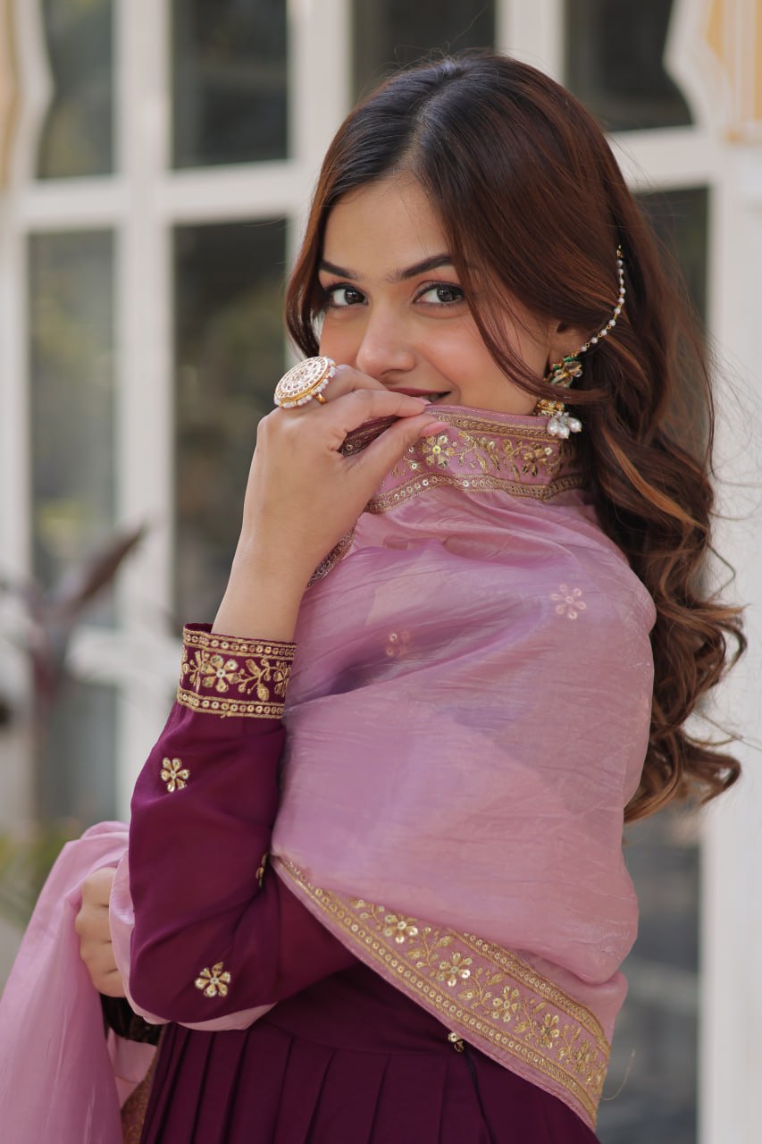 star georgette with embroidery zari sequins-work maroon colors