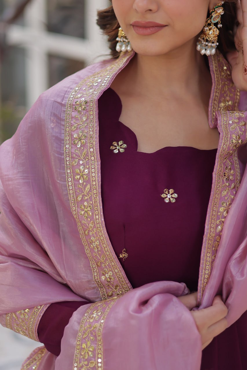 star georgette with embroidery zari sequins-work maroon colors