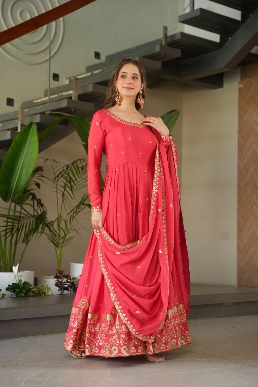 New Designer Zari Sequin Embroidery, Red Color Soft Chin Non-Fubric, Combined With Designer Dupatta