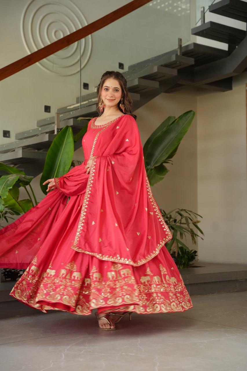 New Designer Zari Sequin Embroidery, Red Color Soft Chin Non-Fubric, Combined With Designer Dupatta