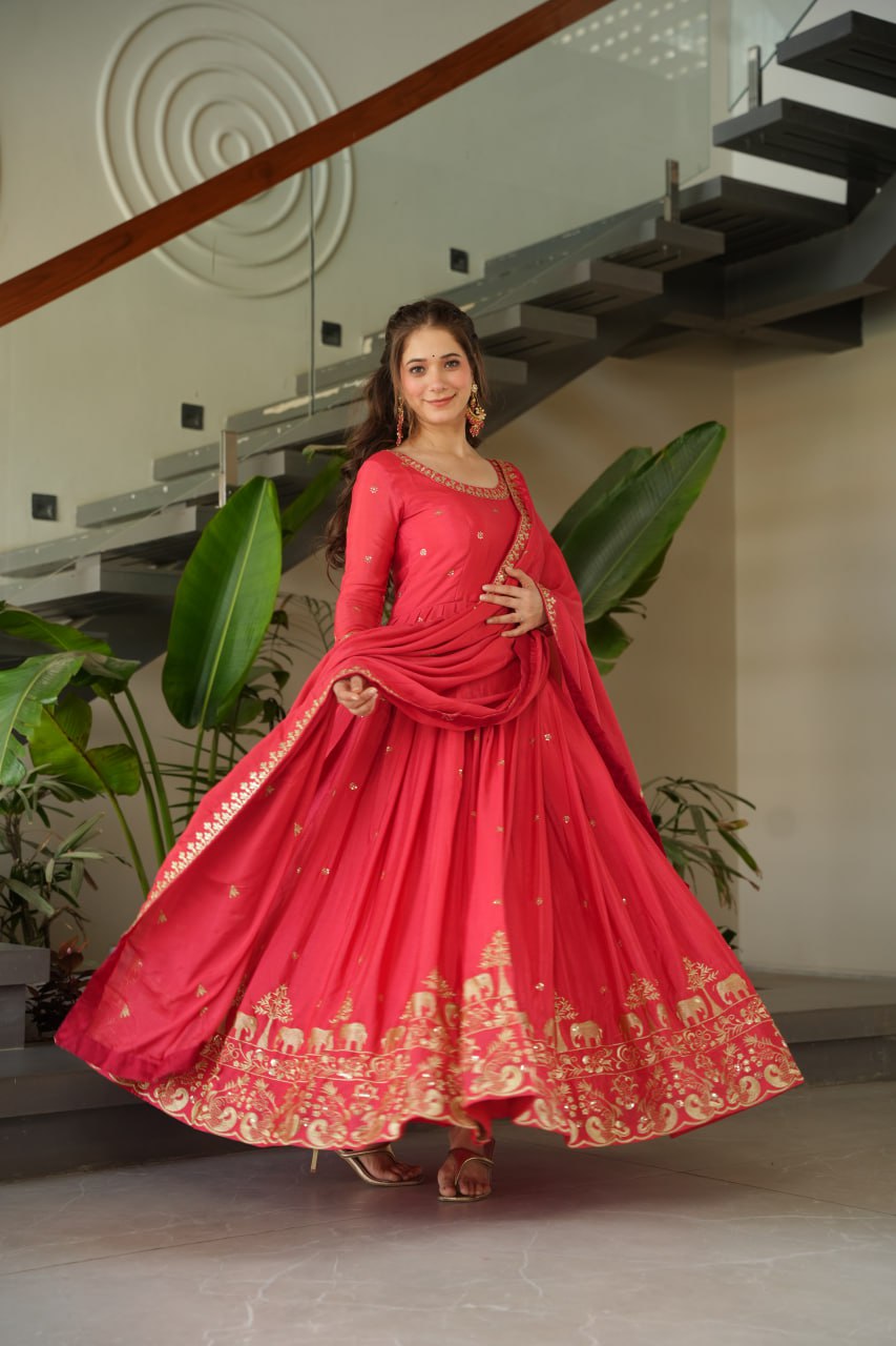 New Designer Zari Sequin Embroidery, Red Color Soft Chin Non-Fubric, Combined With Designer Dupatta