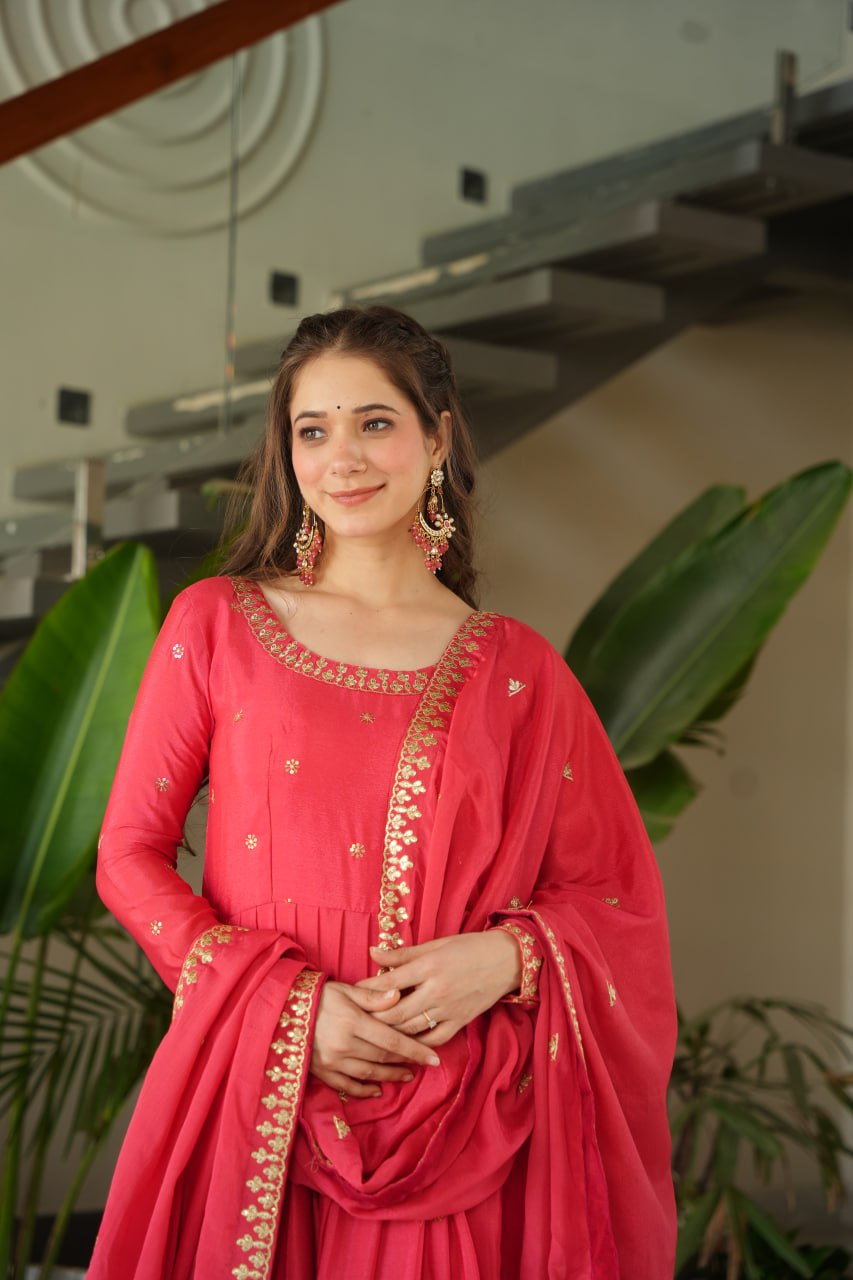 New Designer Zari Sequin Embroidery, Red Color Soft Chin Non-Fubric, Combined With Designer Dupatta