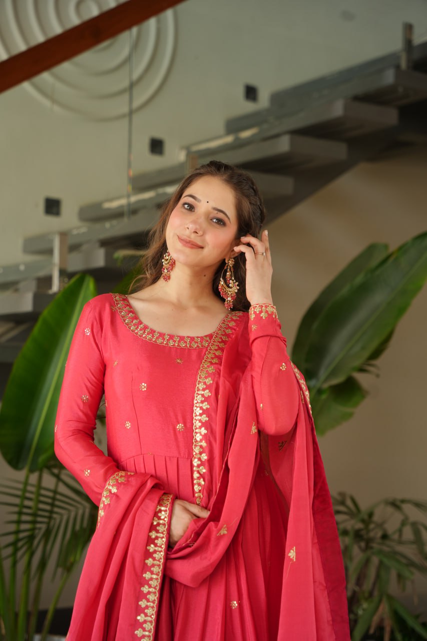 New Designer Zari Sequin Embroidery, Red Color Soft Chin Non-Fubric, Combined With Designer Dupatta