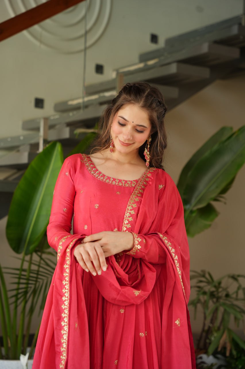 New Designer Zari Sequin Embroidery, Red Color Soft Chin Non-Fubric, Combined With Designer Dupatta