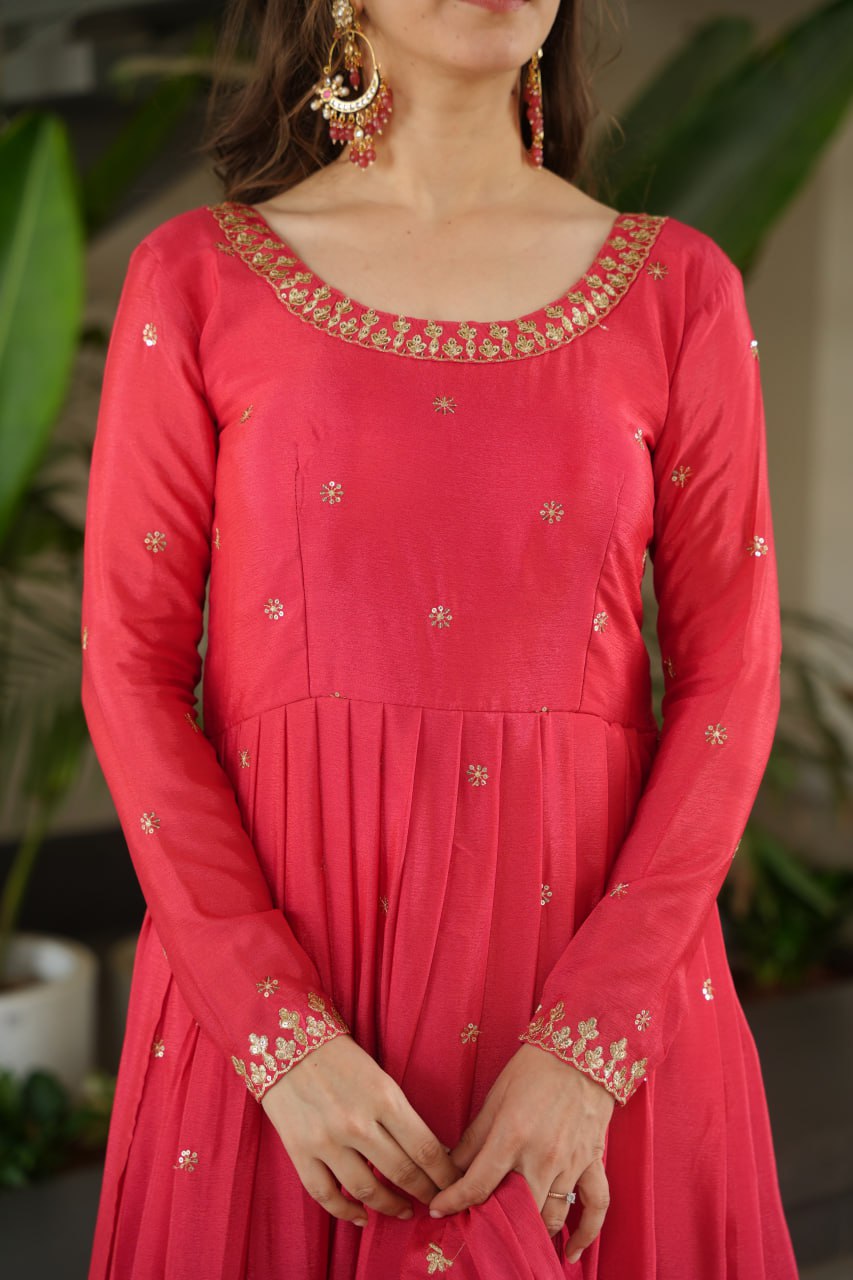 New Designer Zari Sequin Embroidery, Red Color Soft Chin Non-Fubric, Combined With Designer Dupatta