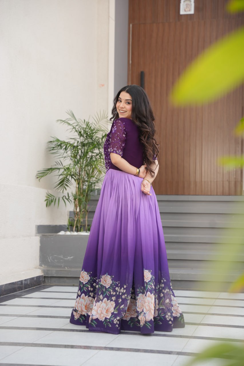 New Party Code Designer Premium Floral Pedding Digital Print Dress Light Purple Color